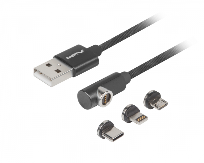 Lanberg 3in1 Premium Magnetisch Kabel Gewinkelt QC 3.0 - Schwarz