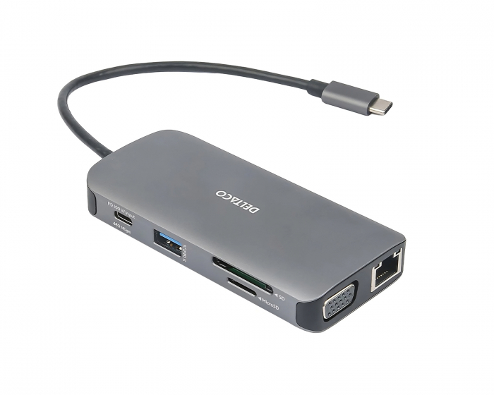 Deltaco USB-C Dockingstation mit 9 Ports - Grau