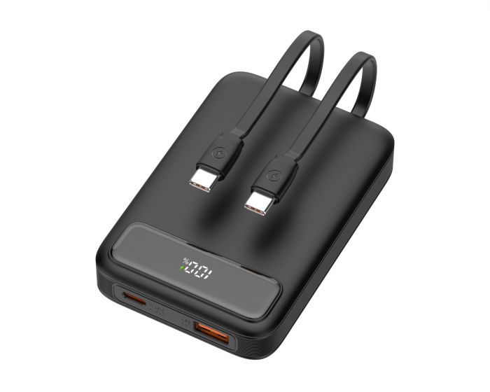 Deltaco 10.000 mAh Powerbank, duale USB-C-Kabel - Schwarz