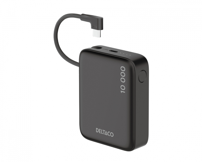 Deltaco 10 000 mAh Powerbank, integriertes Stoffkabel - Schwarz