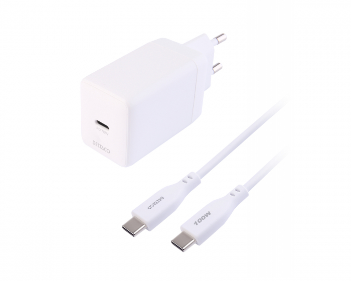 Deltaco USB-C GaN Wandladegerät 70 W - 1,8m - Weiß