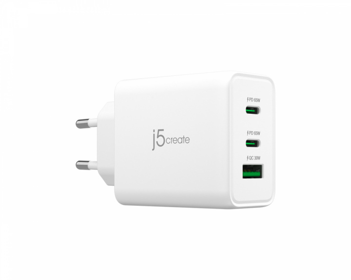 j5create Wall Charger GaN, 65 W, 2x USB-C, 1x USB-A, 3-Port Charger - Ladegerät